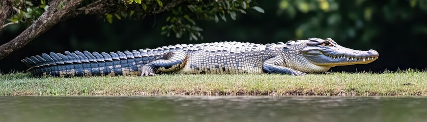Fototapeta premium Side profile of a crocodile lounging on a grassy riverbank, half its body shaded by overhanging trees