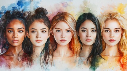 Portraits of five diverse women with creative watercolor backgrounds