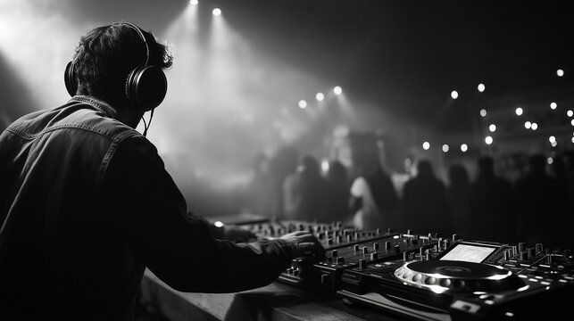 rear view of a dj mixing at great festival party , with crowd of people in background