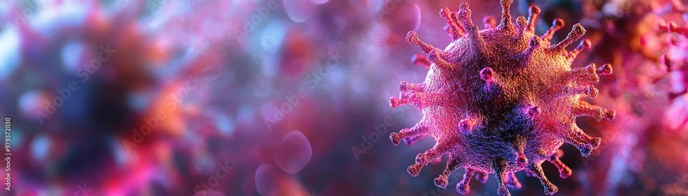 Poster abstract representation of a virus, showcasing colorful and intricate structures, illustrating the c
