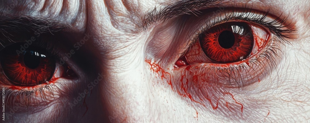 Poster close-up view of intense eyes with red coloration, capturing the emotion and detail of a dramatic ex