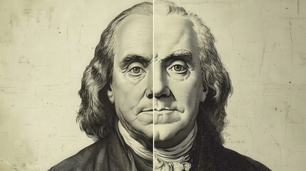 Fototapeta premium The artwork creatively juxtaposes two portraits of Benjamin Franklin, emphasizing his iconic features and contributions to history, rendered in a striking monochromatic style