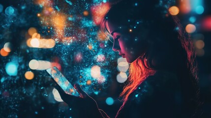 Woman Engaging with Social Media on Smartphone Amidst Digital Lights and Abstract Network Visualization