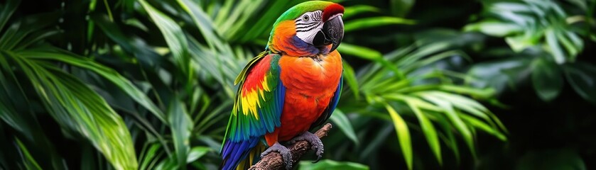 Fototapeta premium Vibrant parrot with multicolored feathers perched on a branch, surrounded by lush green rainforest foliage
