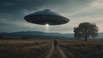 Cosmic intrigue with an alien’s high-tech UFO landing with flair, stirring excitement and wonder