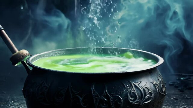 witch's cauldron brews a potion with smoke and bubbles. Concept: love spells and fortune telling, halloween decorations for rituals