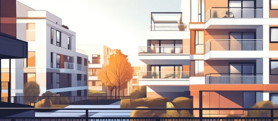 Contemporary apartment complexes featuring balconies and large windows along with various outdoor amenities Mixed media representation