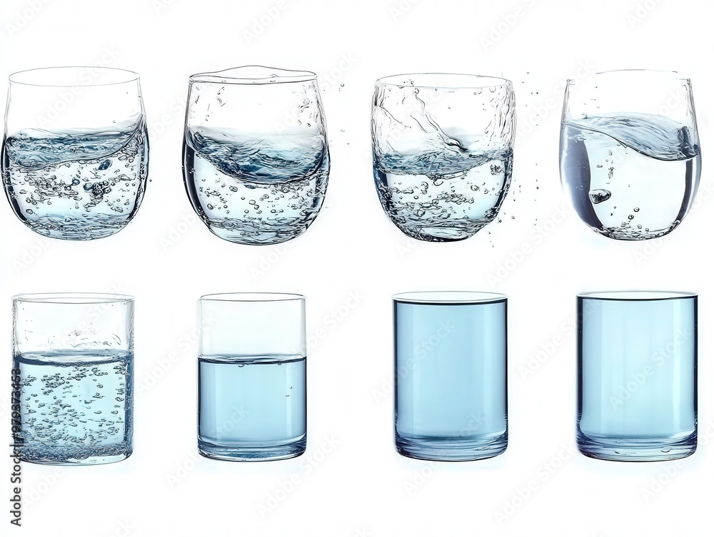 Poster water is shown splashing and settling in an array of glasses, illustrating distinct movements and re