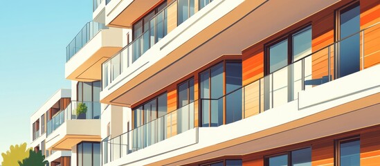 Modern apartment buildings featuring balconies and large windows designed in a contemporary style complete with outdoor amenities Mixed media representation
