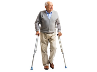 Old man walking with crutches, isolated on transparent background