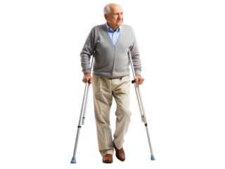 Old man walking with crutches, isolated on transparent background
