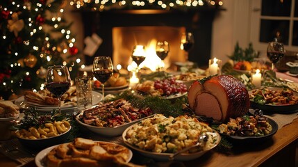 A beautifully arranged holiday table showcases various festive dishes, including desserts and meats, with wine glasses, candles, and Christmas decorations
