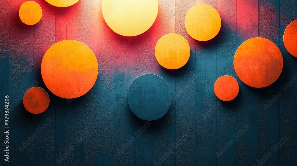 Poster Bright and colorful circles of varying sizes are arranged against a dark, textured background, creating a striking abstract design that adds visual interest