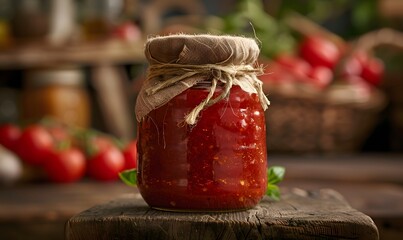 Jar of Passata, Close-up of a glass jar filled with homemade Passata sauce, with a rustic cloth and tied string - Powered by Adobe