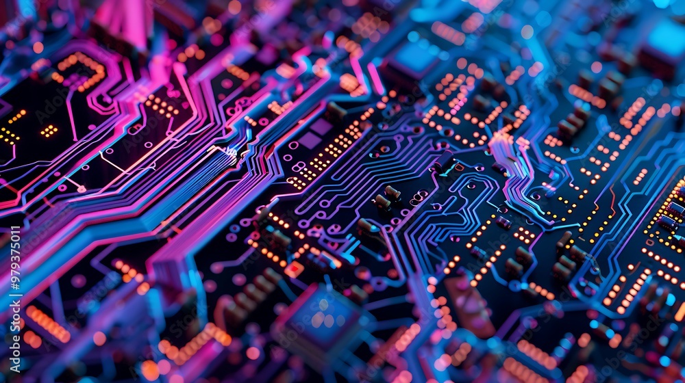 Poster close-up view of a circuit board with glowing wires, abstract representation of digital technology.