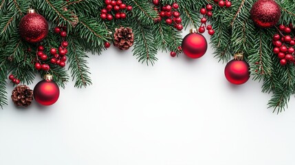 Vibrant red ornaments and pine cones are artistically placed among lush green pine branches on a clean white surface, creating a cheerful holiday atmosphere