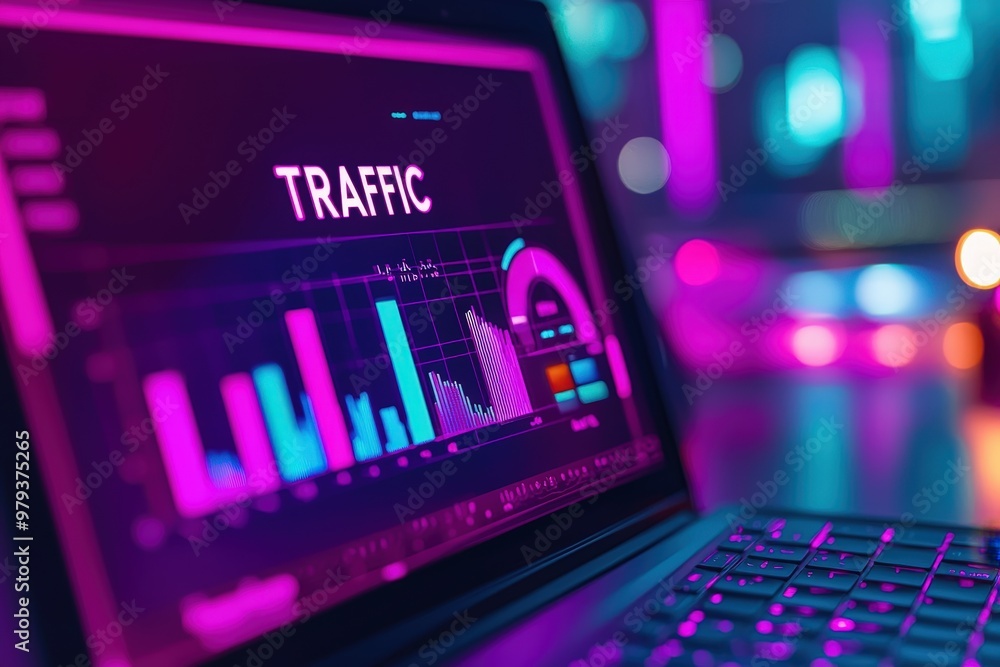 Poster a laptop displays colorful digital traffic analysis on its screen, showcasing various charts and gra