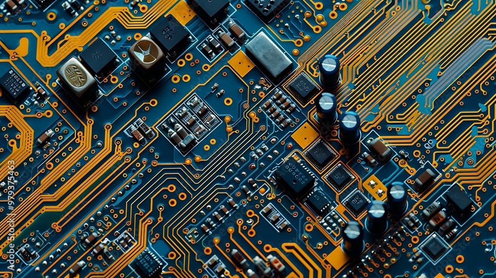 Poster close-up of a circuit board, showcasing intricate patterns of electrical pathways and components.