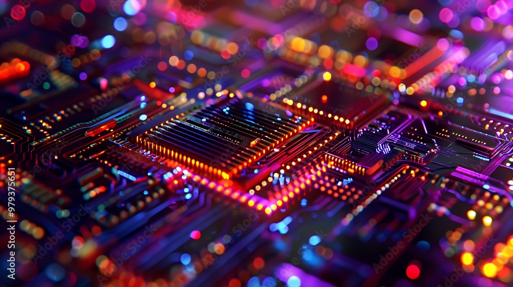 Poster close-up of a colorful circuit board with glowing lights and lines.