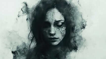 A haunting and ethereal portrait of a woman, wrapped in dark, swirling smoke, conveying emotions of mystery and introspection.