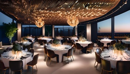 Elegant corporate event venue with sophisticated table settings and ambient lighting, highlighting a professional and upscale atmosphere.