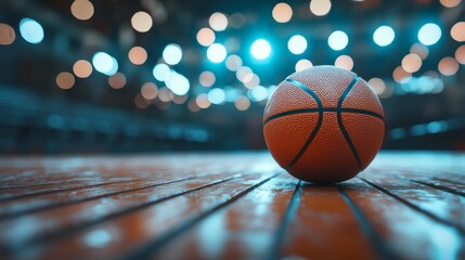 Basketball on wooden court with blurry lights in background