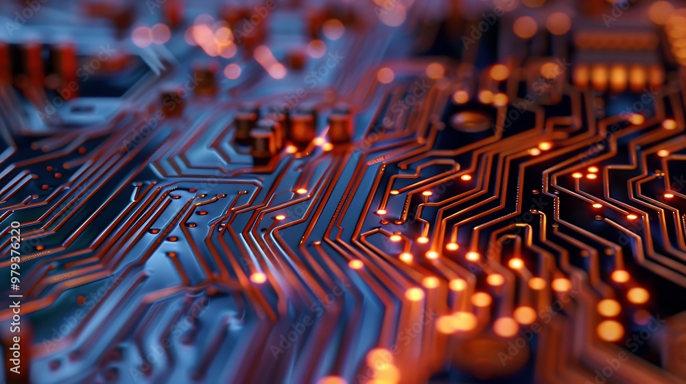 Poster close-up shot of a circuit board with glowing orange lights, highlighting the intricate pathways of 