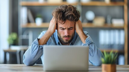 Stressed Man Experiencing Workplace Burnout at Desk with Laptop in Office