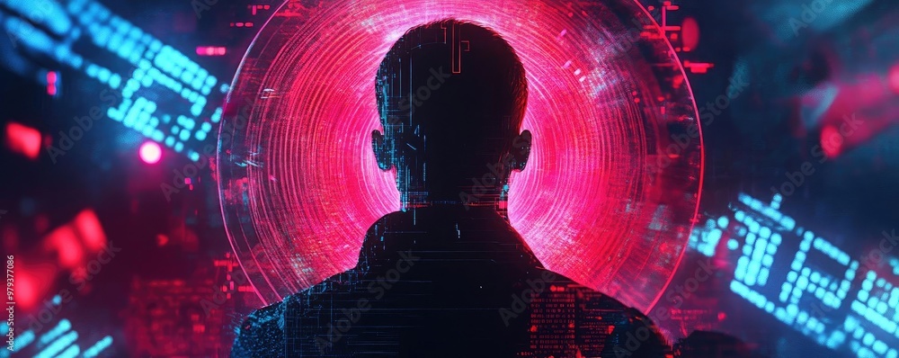 Poster a silhouette of a person facing a vibrant, data-driven interface filled with dynamic patterns and gl