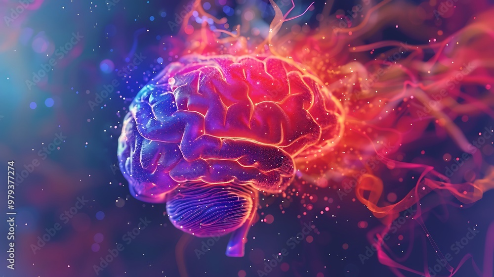 Poster 3d illustration of the human brain, rendered in vibrant colors and surrounded by ethereal particles.
