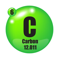 Carbon element icon. Green glossy sphere. Chemical symbol C. Atomic number six.