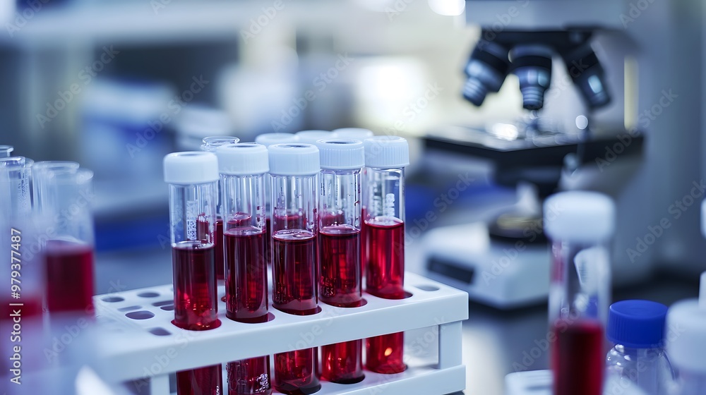 Poster red liquid samples in test tubes in a laboratory setting