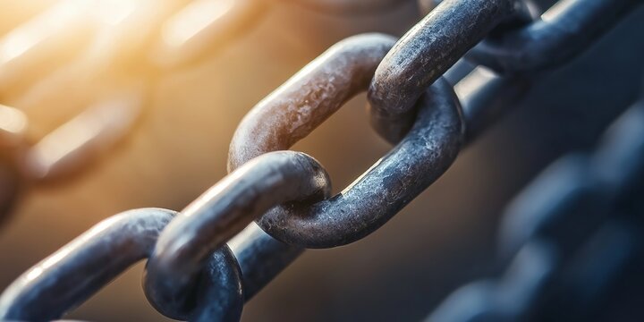 An artistic close-up of metal chain links, showing their sturdy texture and reflecting sunlight with depth of field.