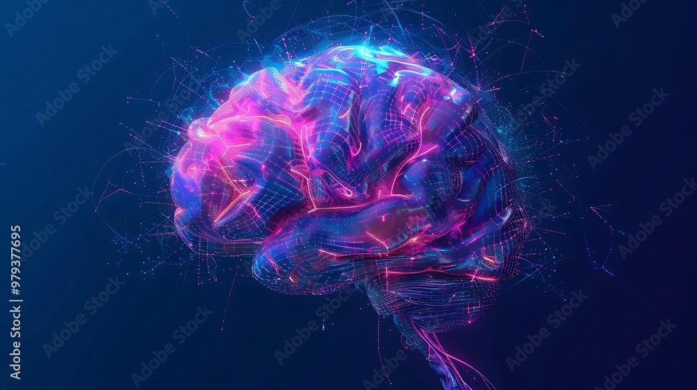 Poster 3d rendered abstract illustration of a human brain composed of glowing lines and dots. the digital r