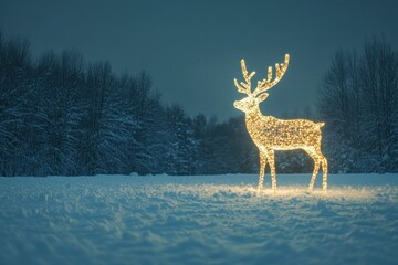 Illuminated Reindeer Silhouette in Snowy Field at Night