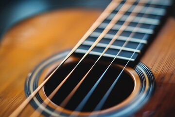 Macro shot of an acoustic guitar showing the strings and wooden body with a warm glow. Ideal for...