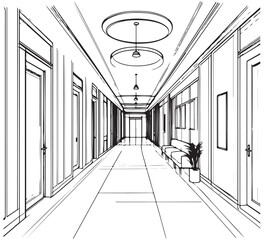 Corridor lobby graphic black white interior sketch illustration vector, hallway