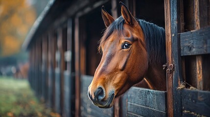 Horse looking out from stable with wooden fence in peaceful rural setting