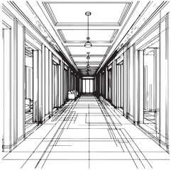 Corridor lobby graphic black white interior sketch illustration vector, hallway