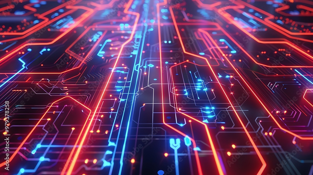 Poster close-up of a circuit board with glowing red and blue lines, representing the complexity and intrica