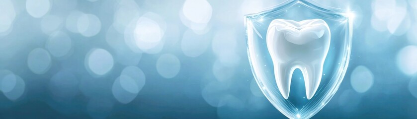 Tooth surrounded by shield on blurred background with bokeh, banner, tooth protection concept
