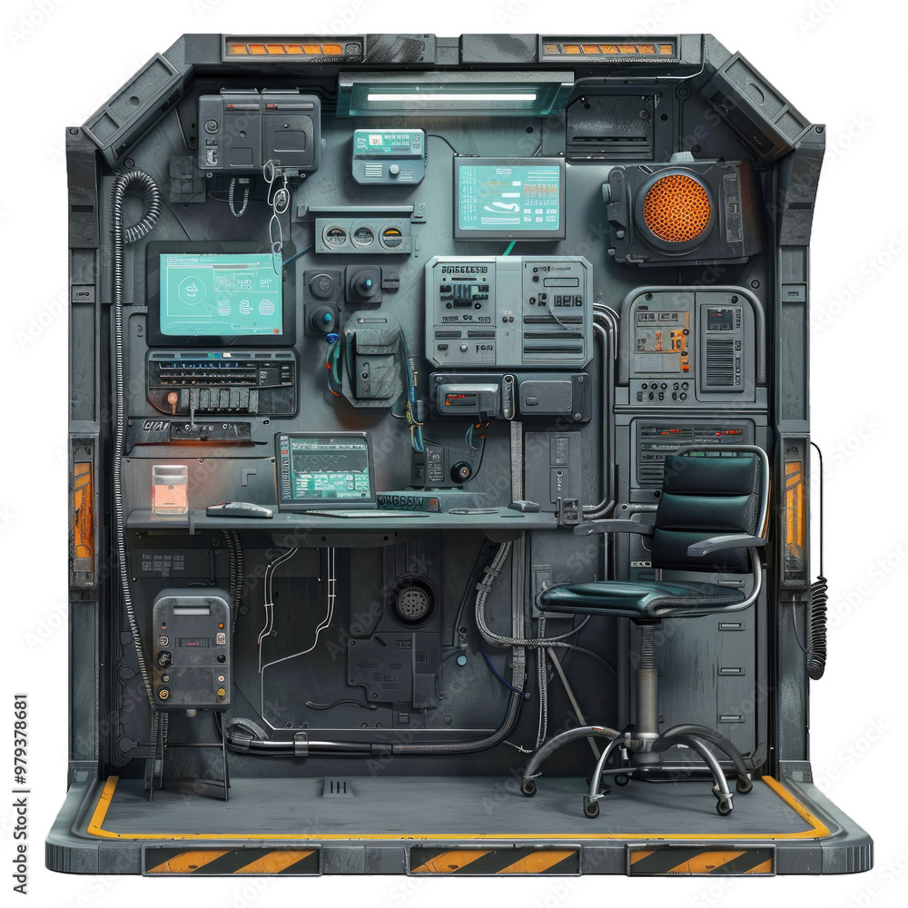 Poster futuristic sci fi style control room with a computer and empty chair, illuminated by an orange light