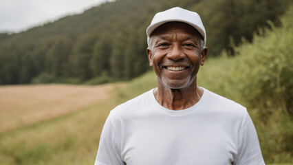 Senior black man wearing white t-shirt and white baseball cap standing in nature