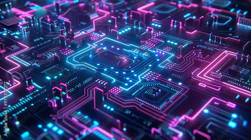 Poster abstract futuristic circuit board with neon lights, showing complex electronic circuits and glowing 