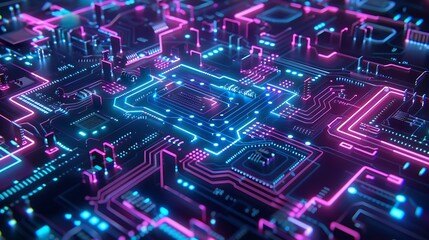 Obraz premium Abstract futuristic circuit board with neon lights, showing complex electronic circuits and glowing neon lines.