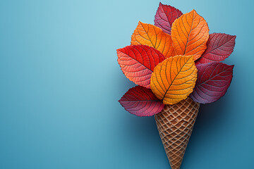 Bouquet of autumn leaves in wafer ice cream cone on blue background. Autumn season. Modern creative collage. Copy space.
