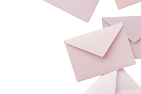 Pale pink and white cutout envelopes are placed randomly, with copy space to the left.