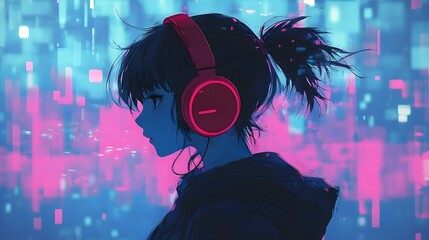 Anime Girl Wearing Oversized Headphones Amid Glitchy Digital Background