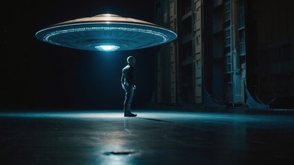 Beyond the Milky Way, an alien and its UFO land, bringing cosmic wonder to Earth