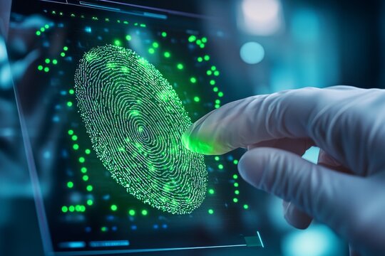 A forensic scientist analyzes a fingerprint scan on a digital interface